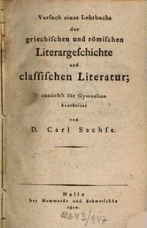 Versuch eines Lehrbuchs der griechischen und römischer Literargeschichte und classischen Literatur