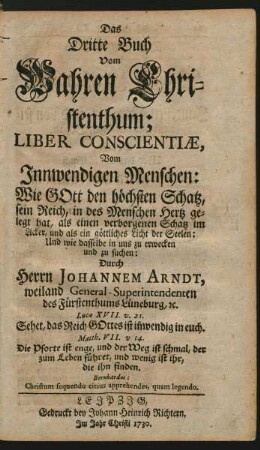 Das Dritte Buch Vom Wahren Christenthum; Liber Conscientiæ, Vom Innwendigen Menschen