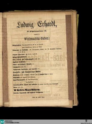 Karlsruher Tagblatt, Ludwig Erhardt, 31 Erbprinzenstrasse 31, empfiehlt zu Weihnachts-Gaben