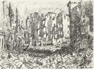 Blick aus der Mathildenstraße auf Holbeinplatz und Rietschelstraße : Blick aus der Mathildenstraße auf Holbeinplatz und Rietschelstraße (Rietschelstraße mit Moltkeplatz). Zeichnung; 290 x 380 mm. um 1945 in der Ausstellung: Fünf Städte mahnen: Dresden, Leningrad, London, Rotterdam, Warschau : zum Gedenken an die Zerstörung Dresdens am 13. Februar 1945 : Ausstellung im Albertinum, Februar bis April 1970