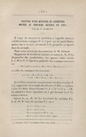 Solution d'une question de géométrie donnée au concours général en 1887.