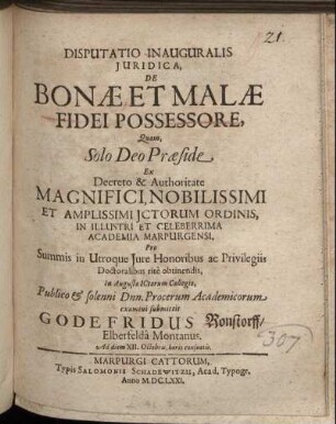 Disputatio Inauguralis Iuridica, De Bonae Et Malae Fidei Possessore