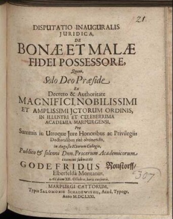 Disputatio Inauguralis Iuridica, De Bonae Et Malae Fidei Possessore