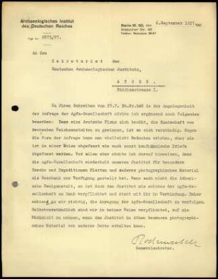 G. Rodenwaldt an DAI Athen