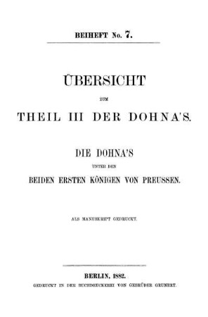 Beih. 7: Aufzeichnungen über die Vergangenheit der Familie Dohna. Beih. 7