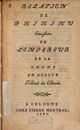 Relation de Phihihu, Émissaire de l'Empereur de la Chine en Europe