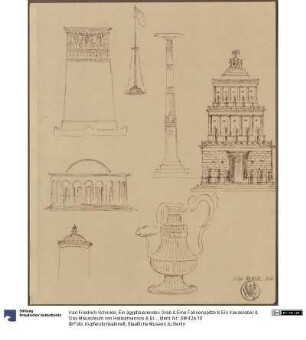 Ein ägyptisierendes Grab & Eine Fahnenspitze & Ein Kandelaber & Das Mausoleum von Halikarnassos & Ein überkuppelter Rundbau & Spitze eines Rundturmes & Ein Krug