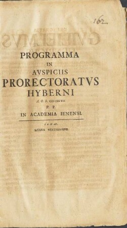 Programma In Avspiciis Prorectoratvs Hyberni A. O. R. MDCCVIII P. P. In Academia Ienensis.