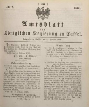 № 5. Ausgegeben zu Cassel am 21. Februar 1868.