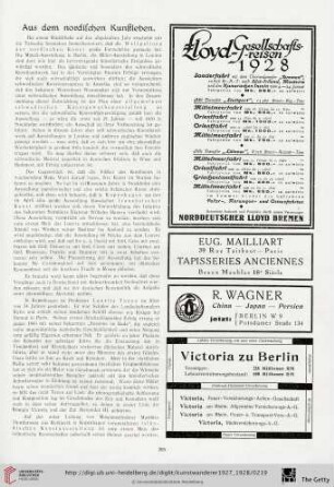Aus dem nordischen Kunstleben / Londoner Kunstschau / Kunstauktionen / Kunstausstellungen / Aus der Museumswelt / Künstler-Anekdoten / Neue Kunstbücher
