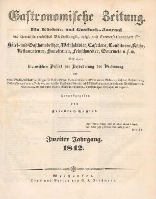 2. Jahrgang (1842): Gastronomische Zeitung