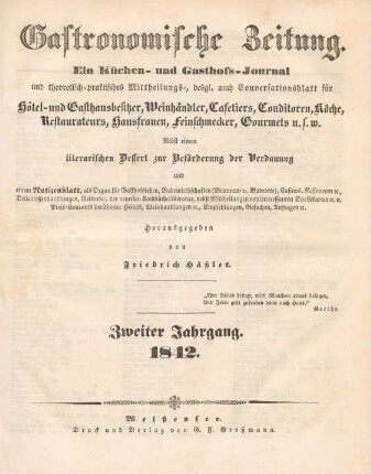 2. Jahrgang (1842): Gastronomische Zeitung