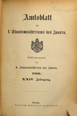 Amtsblatt des Königlichen Staatsministeriums des Innern. 24. 1896