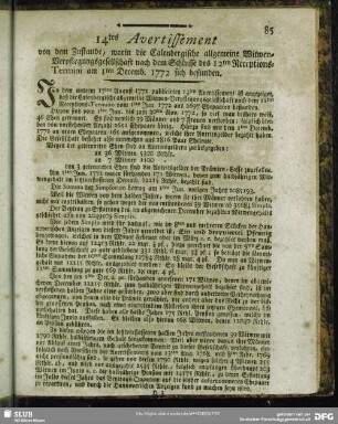 14tes Avertissement von dem Zustande, worin die Calenbergische allgemeine Witwen-Verpflegungsgesellschafft nach dem Schlusse des 12ten Receptions-Termini den 1ten Decemb. 1772 sich befunden : [Hannover, den 20ten März 1773. Im Fürstenthum Calenberg verordnete Land- und Schatz-Räthe, auch Schatz-Deputirte]
