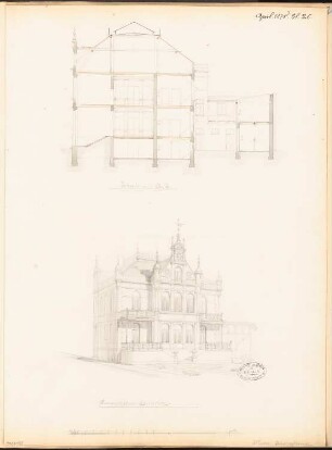 Villa, Gera Monatskonkurrenz April 1878: Perspektivische Ansicht, Längsschnitt; Maßstabsleiste