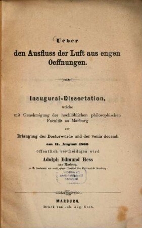 Ueber den Ausfluss der Luft aus engen Oeffnungen