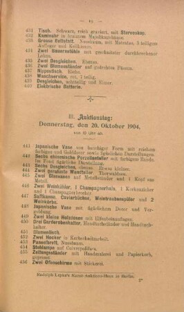 III. Auktionstag: Donnerstag, den 20. Oktober 1904, von 10 Uhr ab