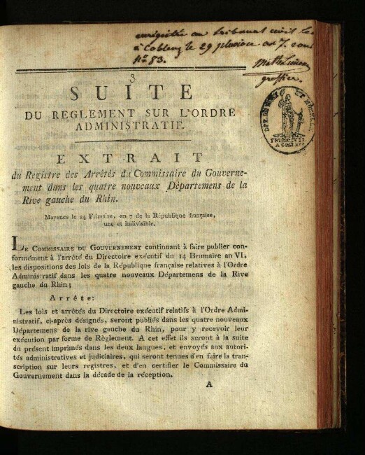 Suite du règlement sur l'ordre administratif / Mayence, 24. frimaire, an VII [14. Dez. 1798]