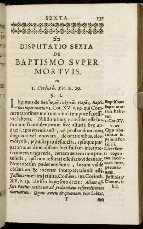 Disputatio Sexta. De Baptismo Super Mortuis.