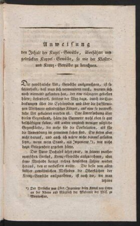 Anweisung den Inhalt der Kugel-Gewölbe, überhöhter und gedrückter Kuppel-Gewölbe, so wie der Kloster- und Kreuz-Gewölbe zu berechnen