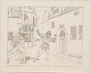 Zu Goethes "Faust": Blatt 19: Zweikampf (Faust ersticht Valentin mit Mephistos Hilfe vor Gretchens Haus)