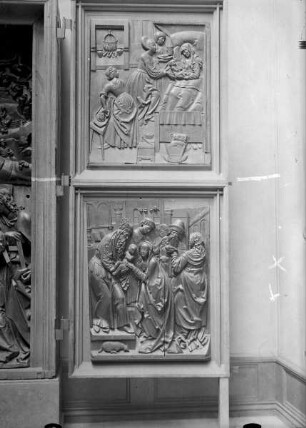 Marienaltar & Weihnachtsaltar — Rechter Altarflügel: Geburt Marias und Darbringung im Tempel