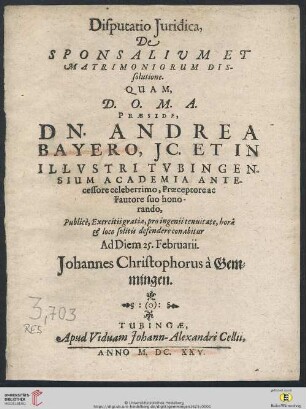 Disputatio Iuridica, De Sponsalium Et Matrimoniorum Dissolutione