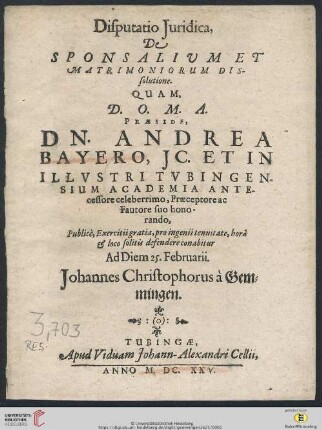 Disputatio Iuridica, De Sponsalium Et Matrimoniorum Dissolutione