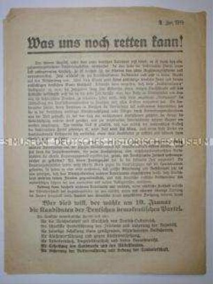 Propagandaflugblatt der DDP zur Wahl der Nationalversammlung und Aufruf zu verschiedenen Wahlveranstaltungen