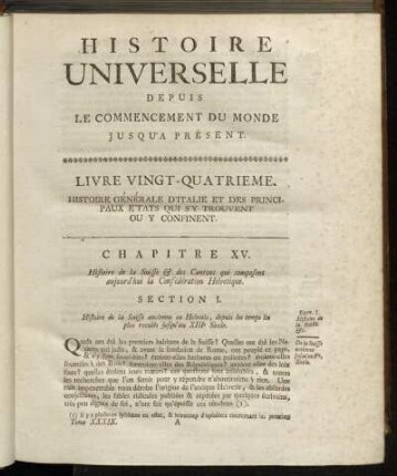 Chapitre XV. Histoire de la Suisse & des Cantons qui composent aujourd´hui la Conféderation Helvetique.