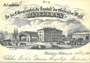 Bestellschein und Rechnung der Lithographischen Anstalt der Gebrüder Wolff (mit Ansicht des Bahnhofs mit Bahnsteighalle von Nordosten, Hotel u. Götzenturm im Hintergrund)