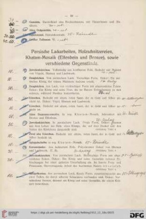 Persische Lackarbeiten, Holzschnitzereien, Khatam-Mosaik (Elfenbein und Bronze), sowie verschiedene Gegenstände (Nr. 231-265)