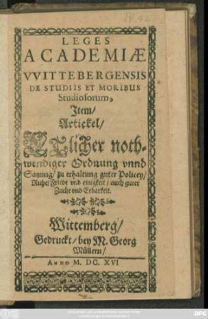 Leges Academiae Wittebergensis De Studiis Et Moribus Studiosorum
