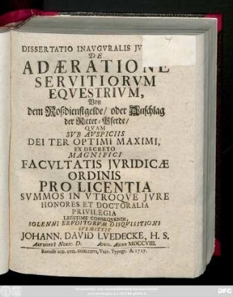 Dissertatio Inavgvralis Jvridica De Adæratione Servitiorvm Eqvestrivm