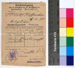 Bescheinigung der Polizeiverwaltung Gevelsberg für den Arbeiter Rudolf Hoffmann über geleistete Sozialversicherungsbeiträge bei der Versicherung Westfalen