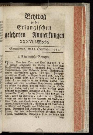 XXXVIII. Woche. Sonnabends, den 22. September. 1787.