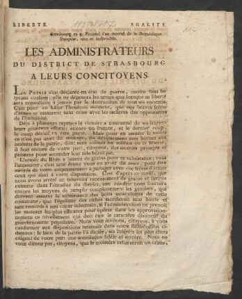 Les Administrateurs Du District De Strasbourg A Leurs Concitoyens : Strasbourg ce 9. Prairéal l'an second de la République française ...
