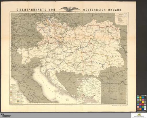 Eisenbahnkarte von Oesterreich-Ungarn : nebst vollständiger Eisenbahn-Tabelle und Meilenzeiger