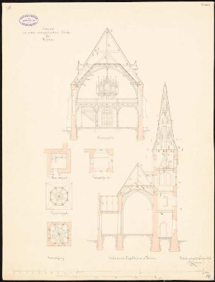 Evangelische Kirche, Modlau Wiederaufbau. 1. Projekt: Längsschnitt, Querschnitt 1:60, Turm in Grundrissen und Schnitt 1:60, Maßstabsleisten (Meter, Fuß)