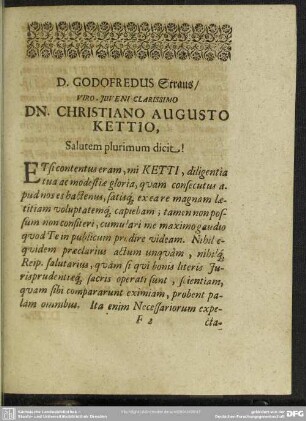 D. Godofredus Straus, Viro. Juveni Clarissimo Dn. Christiano Augusto Kettio, Salutem plurimum dicit