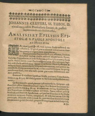Johannis Cluveri ... Analysis Epilysis Epistolae S. Pauli Apostoli Ad Hebraeos.