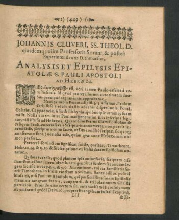 Johannis Cluveri ... Analysis Epilysis Epistolae S. Pauli Apostoli Ad Hebraeos.