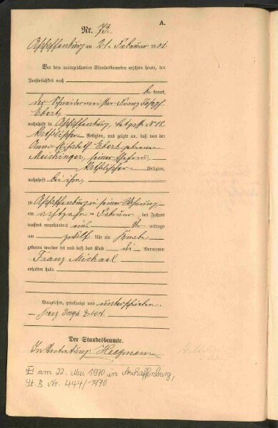Standesamtsbuch der Stadt Aschaffenburg: Geburten 365/1900 - 184/1901