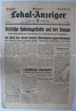 Tageszeitung "Berliner Lokal-Anzeiger" u.a. über die bevorstehende Rechenschaftslegung des Reichsministers Goebbels zum ersten Kriegswinterhilfswerk 1939/40