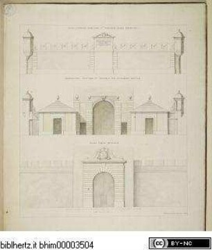Bauwerke und Monumente in Avignon und in der Grafschaft Venaissin : Lavierte Federzeichnungen von Pierre Mignard, 1640 - 1725 (Titel fingiert), Facies Exterior Munitionis Sancti Michaelis versus Druentiam; Scenographia Munitionis Sancti Michaelis cum Stationibus Militum; Facies Portae Interioris