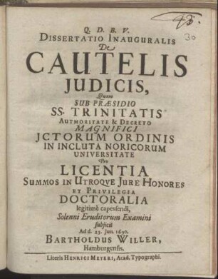 Dissertatio Inauguralis De Cautelis Iudicis
