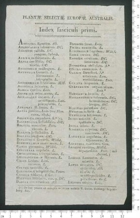 PLANTAE SELECTAE EUROPAE AUSTRALIS. - Index fasciculi primi.