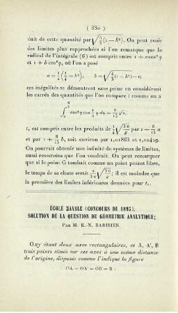 École Navale (concours de 1893). Solution de la question de géométrie analytique.
