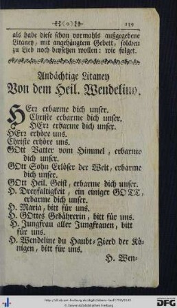 Andächtige Litaney Von dem Heil. Wendelino.