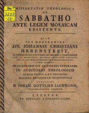 Diss. theol. de Sabbatho ante legem Mosaicam existente